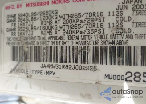 2002 Mitsubishi Montero Xls z USA, uszkodzony, nr VIN JA4MW31R82J002925